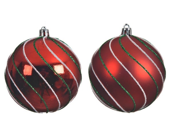 Boule Noel plastique d8cm rouge brill/mat ligne blanc/vert paillet-pc