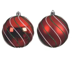 Boule Noel plastique d8cm rouge brill/mat ligne blanc/vert paillet-pc