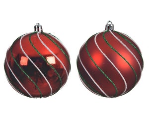 Boule Noel plastique d8cm rouge brill/mat ligne blanc/vert paillet-pc