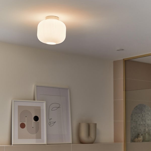Plafonnier salle de bain Laguna, E27, D.24cm, verre blanc BRILLIANT