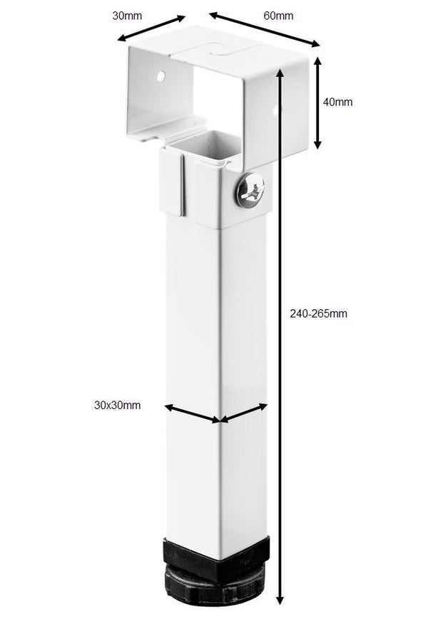 Pied de lit carré HETTICH, acier blanc, hauteur reglable de 24 à 26.5 cm