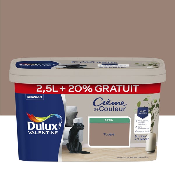 Peinture mur, Crème de couleur DULUX VALENTINE taupe satiné, 2.5L+20% gratuit