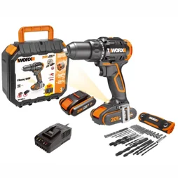 Perceuse visseuse à percussion sans fil WORX, 20 V 2 Ah, 2 batteries WT350.1 +30 accessoires
