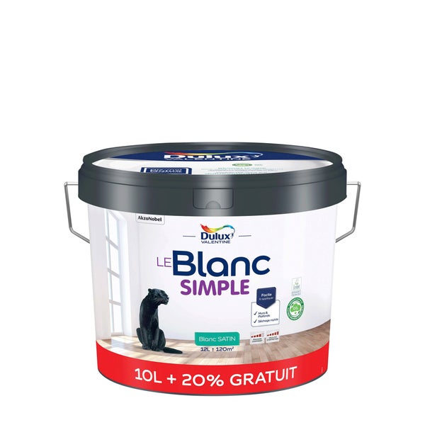 Peinture mur, plafond blanc satin DULUX VALENTINE Simple 10L+20% gratuit