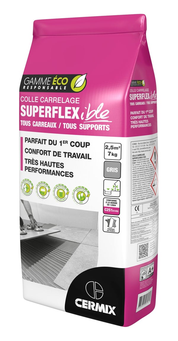 Mortier colle carrelage, poudre, superflexible CERMIX gris 15kg
