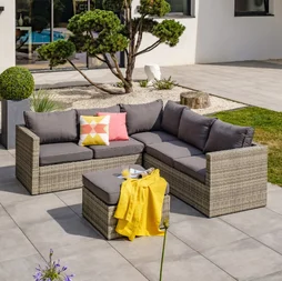 Salon bas de jardin en résine tressée, 5 personnes, gris camaïeu