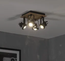 Plafonnier spots 4xgu10 technic métal noir/bois INSPIRE