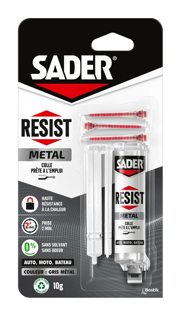 Colle de réparation type époxy bi-composants Resist metal SADER, 10g gris