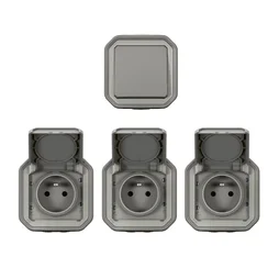 Lot de 1 interrupteur VV et 3 prises avec terre complet, LEGRAND Plexo, gris