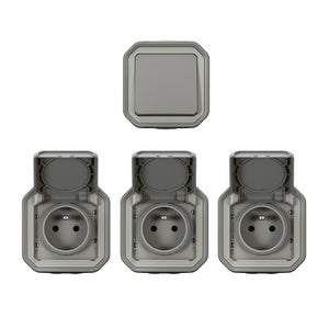 Lot de 1 interrupteur VV et 3 prises avec terre complet, LEGRAND Plexo, gris