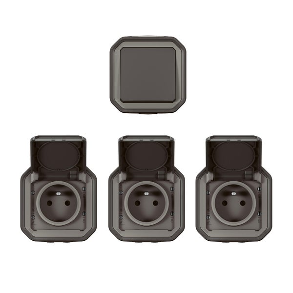 Lot de 1 interrupteur VV et 3 prises avec terre complet, LEGRAND Plexo, anth
