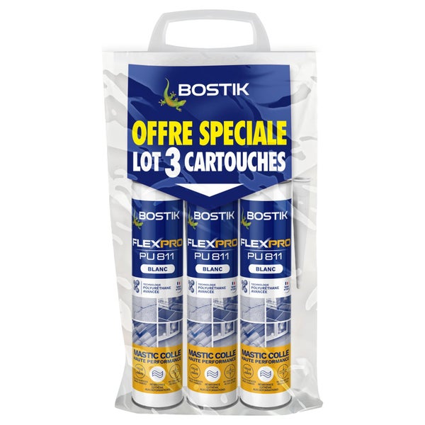 Lot de 3 colle de fixation polyuréthane Flexpro pu 811 BOSTIK, 900ml blanc