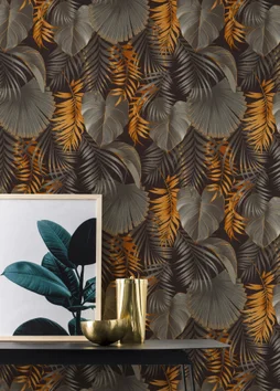 Papier peint tropical noir doré