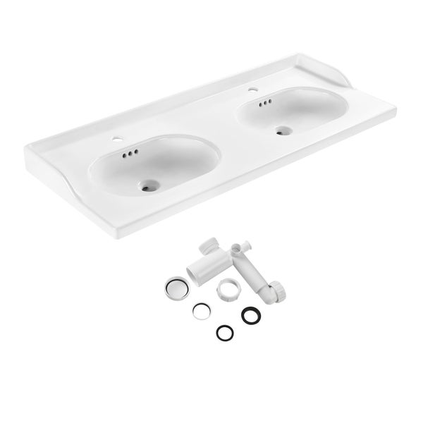Plan double vasque céramique Charm l.121.8 x P.49.7 x h.19.8 cm/vidage inclus
