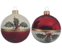 Boule Noel verre d8cm houx rouge/blanc/or variante brillant/mat -unite