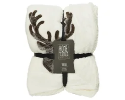 Plaid Noel polyester flanelle blanc casse decor cerf 130x170x1.1cm