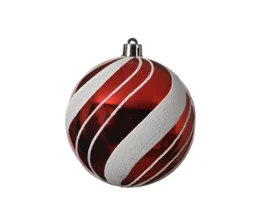 Boule noël plastique d.8cm brillant rayures rouge/blanc givre