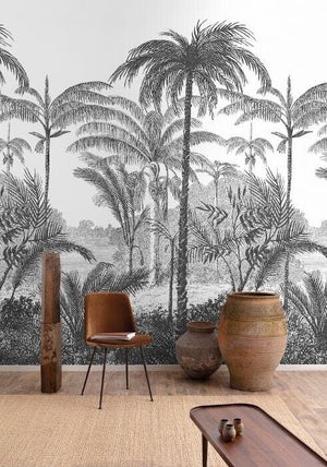 Papier peint panoramique Palm Scenery noir et blanc l.159 x H.280 cm
