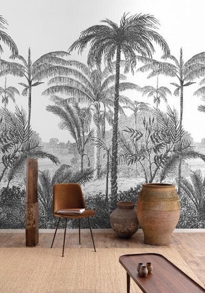 Papier peint panoramique Palm Scenery noir et blanc l.159 x H.280 cm
