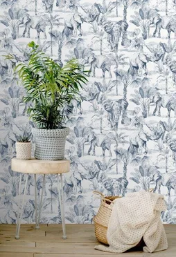 Papier peint intissé Toile de Jouy elephant bleu
