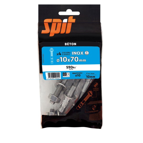 Lot de 4 goujons a bague acier SPIT, Diam.10 x L.70 mm