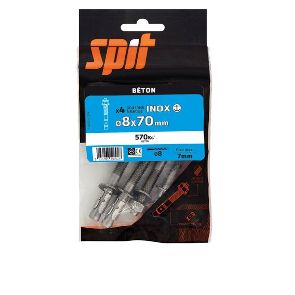 Lot de 4 goujons a bague acier SPIT, Diam.8 x L.70 mm