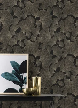 Papier peint vinyle intissé Ginko noir doré