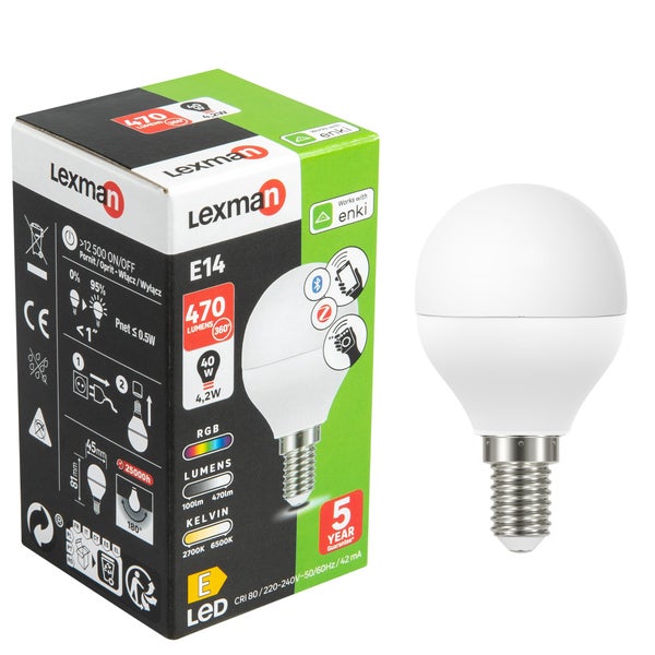 Ampoule led sphérique, connectée Enki, E14, 40W, 470 lumens, variation blancs & couleur, verre dépoli, LEXMAN