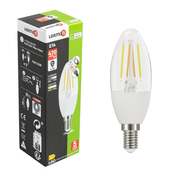 Ampoule led flamme, connectée Enki, E14, 470Lm = 40W, variation de blancs, verre transparent, LEXMAN