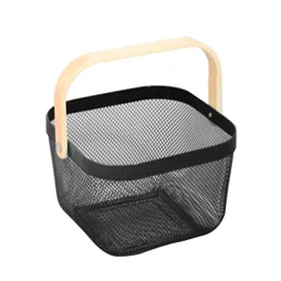 Panier carré noir en acier et anse bois H.18 x l.25 x P.25 cm