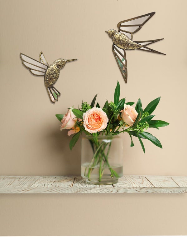 Décoration murale en miroir et résine, vol d'oiseau, l.29 x 28 cm, doré