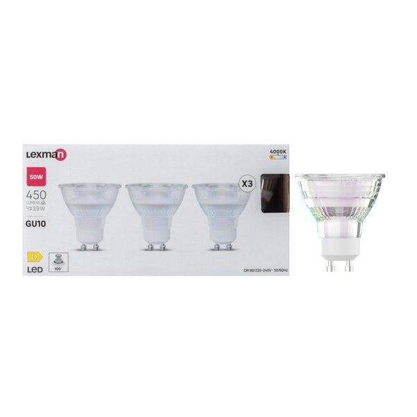 Lot de 3 ampoules led réflecteur GU10, LEXMAN, 450 Lm = 50 W blanc neutre