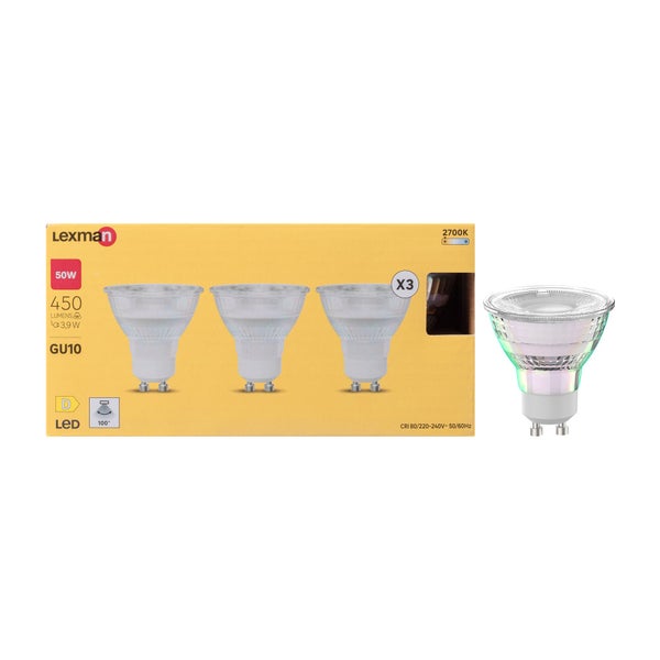 Lot de 3 ampoules led réflecteur GU10, LEXMAN, 450 Lm = 50 W blanc chaud