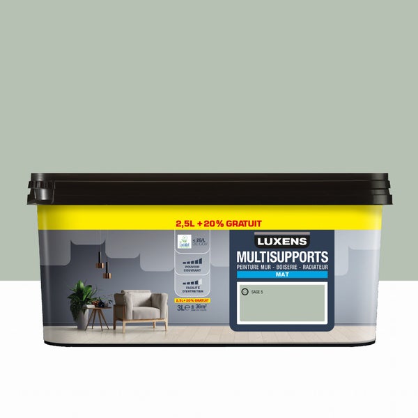 Peinture sage 5 mur, boiserie, radiateur LUXENS mat 2.5L+20% gratuit