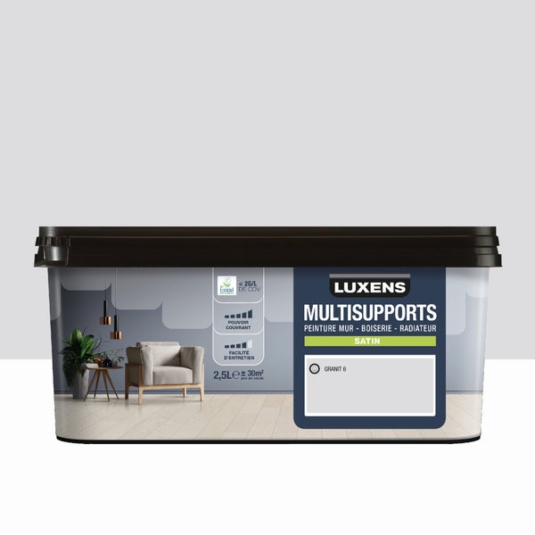 Peinture satiné mur, boiserie et radiateur, LUXENS Granit 6, gris, 2.5 litres