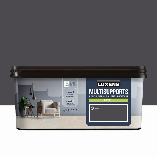 Peinture satiné mur, boiserie et radiateur, LUXENS Granit 1, gris, 2.5 litres