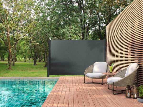 Paravent rétractable 1.8X3M, gris anthracite, fixation enrouleur mur ou sol