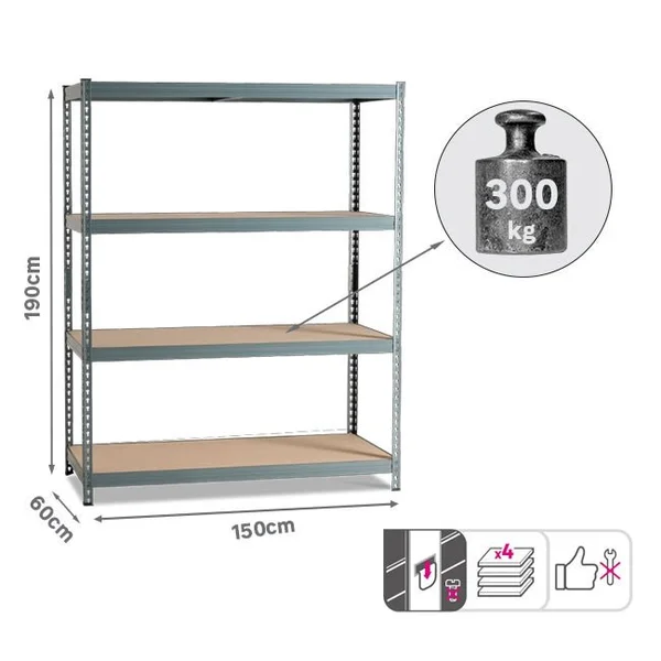 Etagère acier époxy SPACEO, 4 tablettes l.150xH.190xP.60
