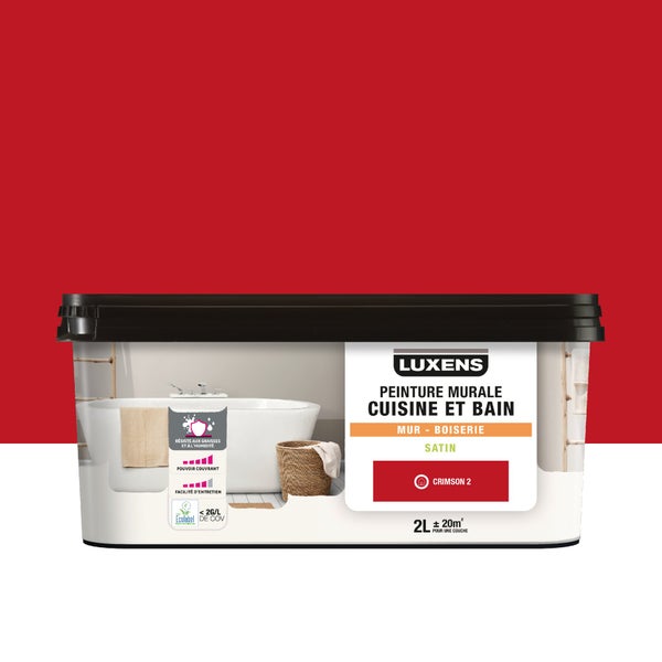 Peinture mur cuisine et bain, LUXENS Crimson 2 satin, 2 litres