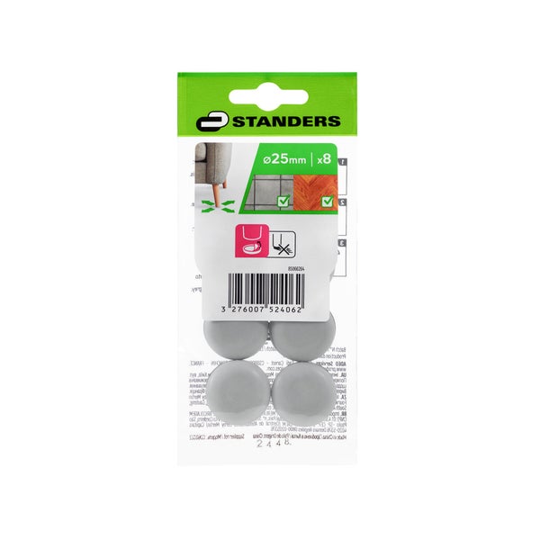 Lot de 8 patins gliss+adhésif STANDERS  gris 25mm