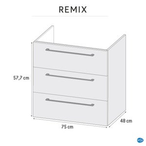 Meuble sous-vasque avec 3 tiroirs, l. 75 x H. 73 x P. 46 cm, effet chêne naturel, REMIX