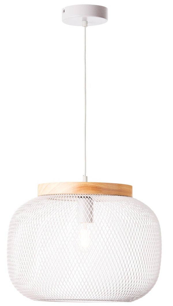 Suspension Giada, E27, diam. 39 cm, metal blanc et bois, Brilliant