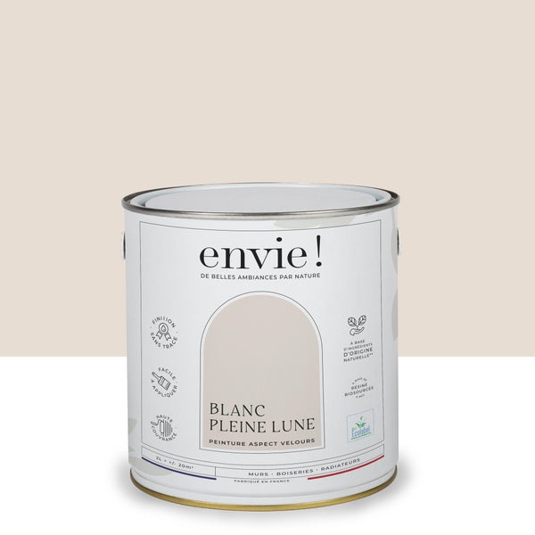 Peinture aspect velours murs, boiseries et radiateurs, biosourcée, ENVIE, blanc pleine lune, 2 litres