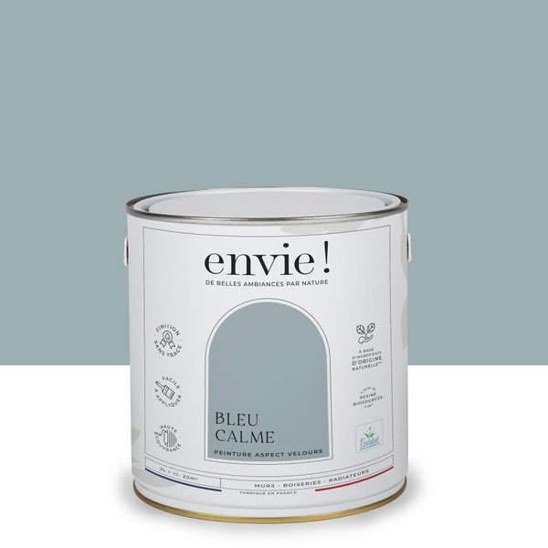 Peinture aspect velours murs, boiseries et radiateurs, biosourcée, ENVIE, bleu calme, 2 litres