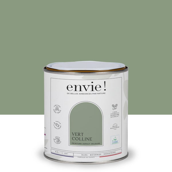 Peinture aspect velours murs, boiseries et radiateurs, biosourcée, ENVIE, vert colline, 0.5 litre