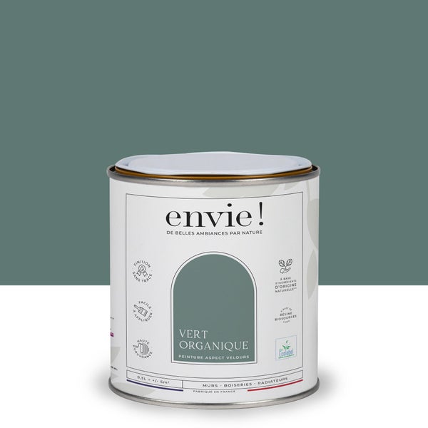 Peinture aspect velours murs, boiseries et radiateurs, biosourcée, ENVIE, vert organique, 0.5 litre