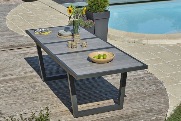 Table de jardin OLHOS 191/251x95 cm ,aluminium et céramique gris