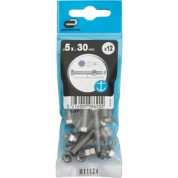 Sachet de 12 boulons inox, tête 6 pans hexagonal, STANDERS, L.30 mm