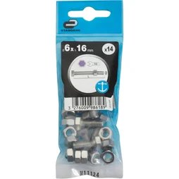 Sachet de 14 boulons inox, tête 6 pans hexagonal, STANDERS, L.16 mm