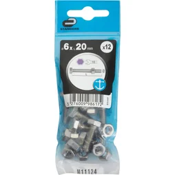 Sachet de 12 boulons inox, tête 6 pans hexagonal, STANDERS, L.20 mm